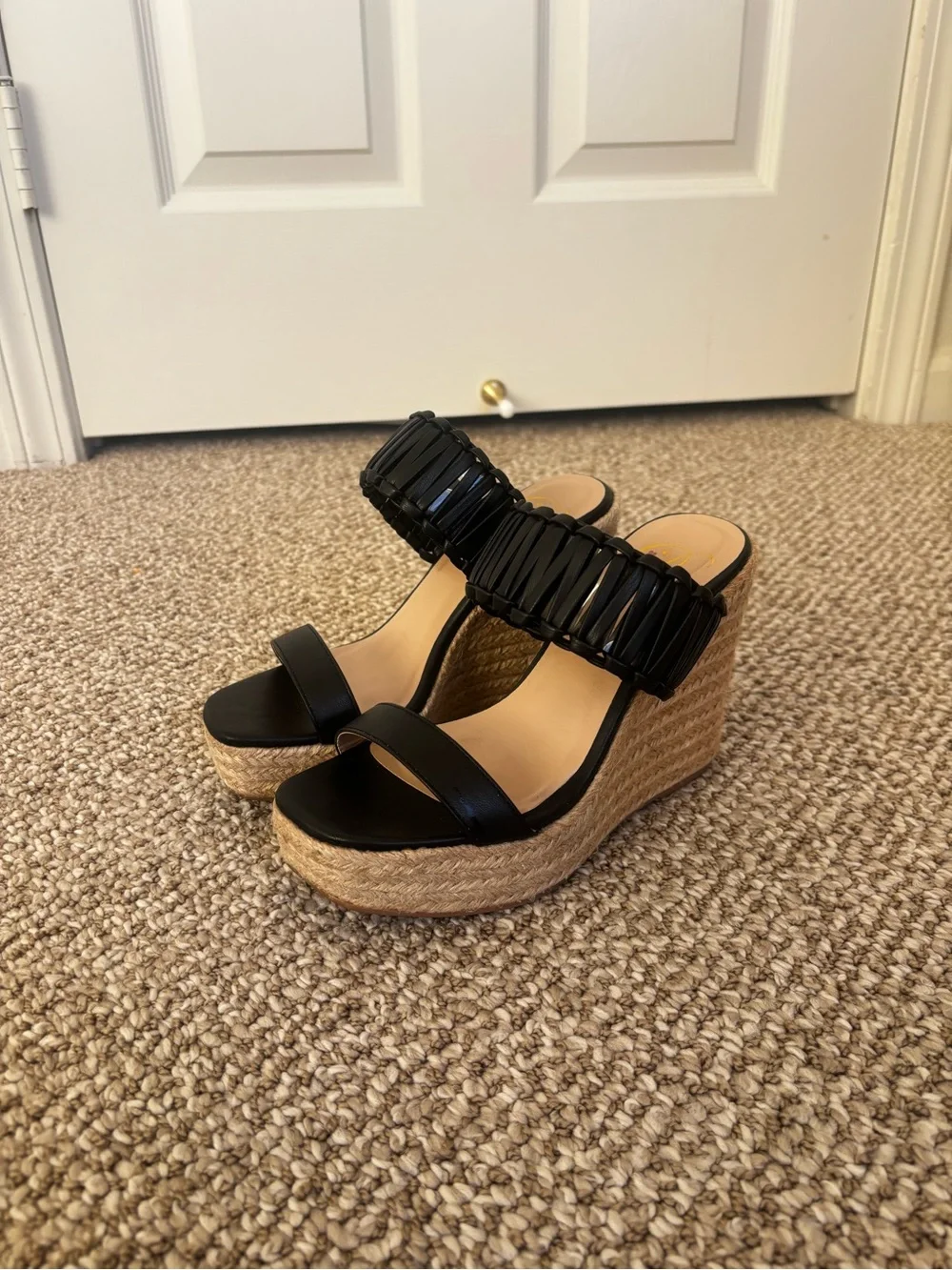 Pink Lily Black Raffia-Trim Wedge Sandals